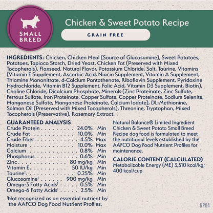 Ingredients,Guaranteed-Analysis & Calorie Content info of Natural Balance Pet Foods Limited Ingredient Grain Free Small Breed Dry Dog Food Chicken & Sweet Potato 12-lb