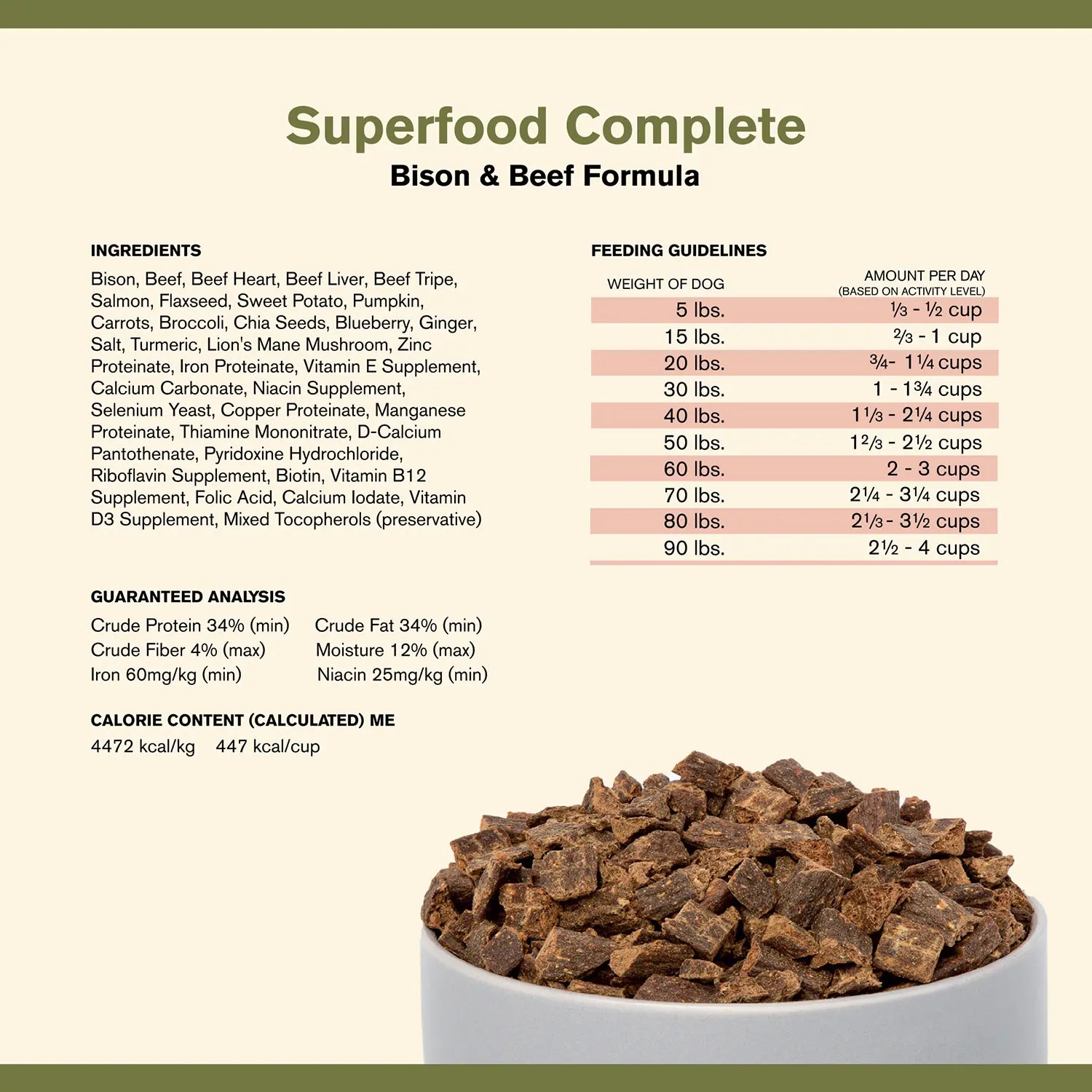 Ingredients,Guaranteed-Analysis & Calorie Content info of Badlands Ranch Superfood Complete Air-Dried Dog Food Bison & Beef 11.5-oz