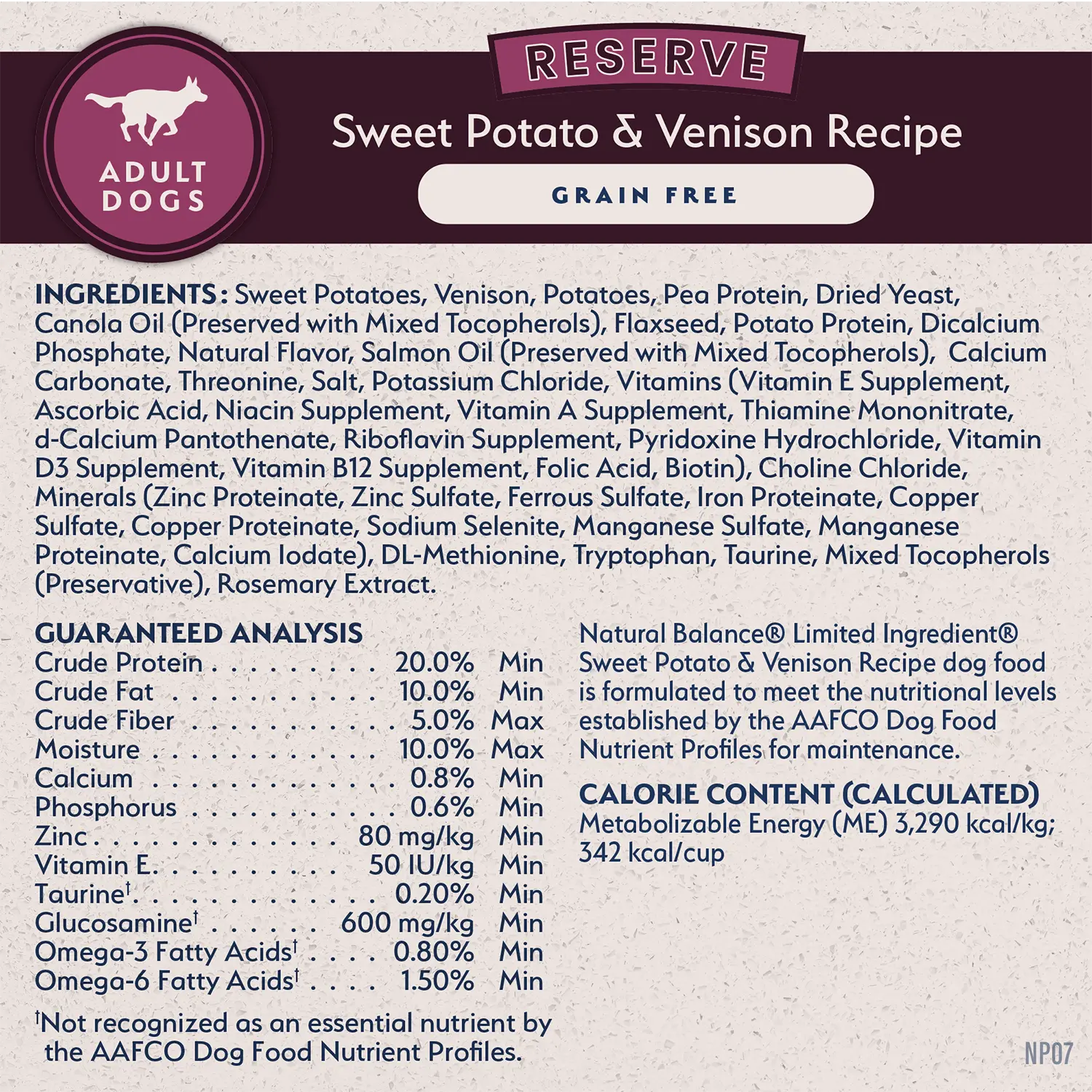 Ingredients,Guaranteed-Analysis & Calorie Content info of Natural Balance Pet Foods Limited Ingredient Reserve Grain Free Adult Dry Dog Food Sweet Potato & Venison 22-lb