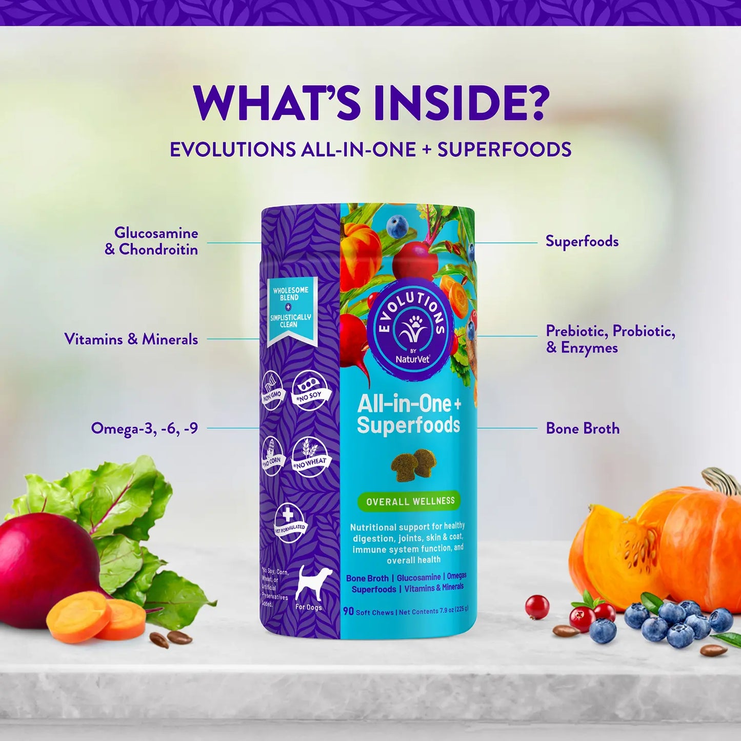 Ingredients info of Evolutions by NaturVet All-in-One Plus Superfoods Soft Chews for Dogs 90 Count 7.9-oz