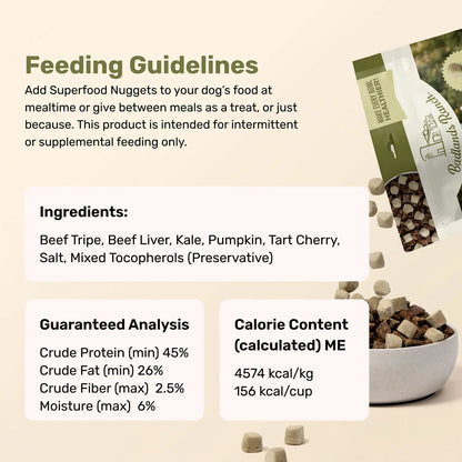 Ingredients,Guaranteed-Analysis & Calorie Content info of Badlands Ranch Superfood Nuggets Freeze-Dried Raw Dog Treats Beef Tripe & Kale 8-oz