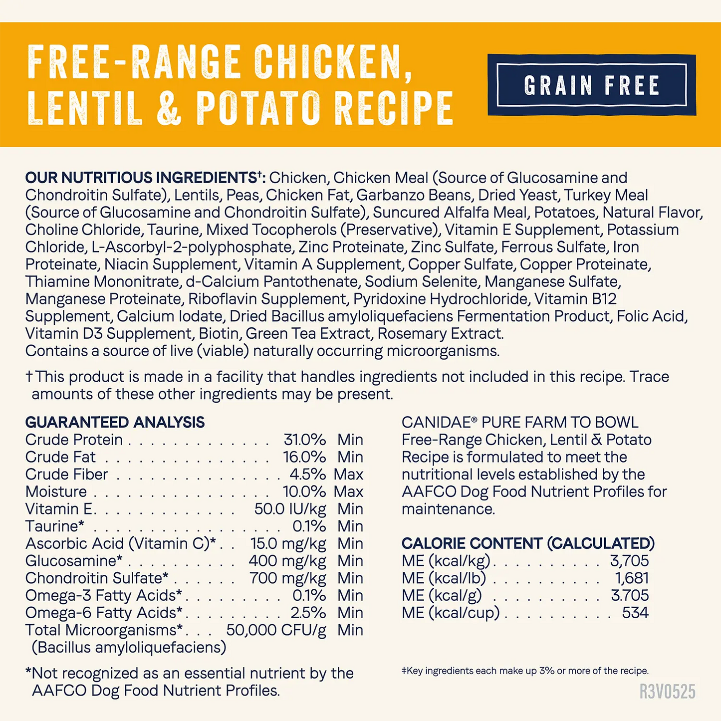 Ingredients info & Guaranteed-Analysis of  Canidae Pure Goodness Grain-Free Limited Ingredient Adult Dry Dog Food Real Chicken, Lentil & Potato Recipe 4-lb