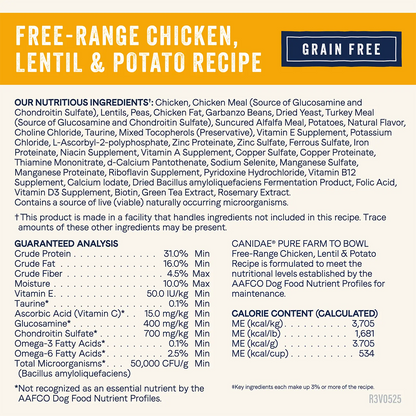 Ingredients info & Guaranteed-Analysis of  Canidae Pure Goodness Grain-Free Limited Ingredient Adult Dry Dog Food Real Chicken, Lentil & Potato Recipe 4-lb