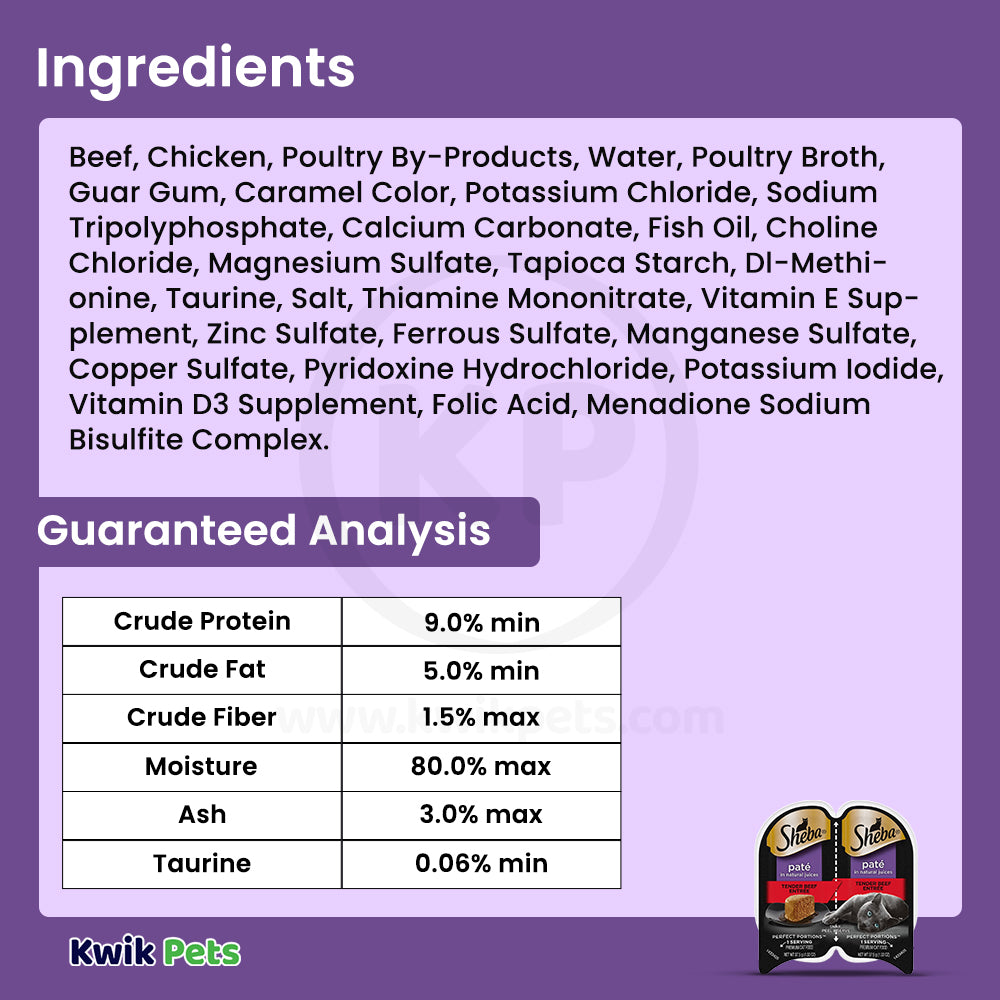 Ingredients info of Sheba Perfect Portions Pate Wet Cat Food Tender Beef 2.6-oz