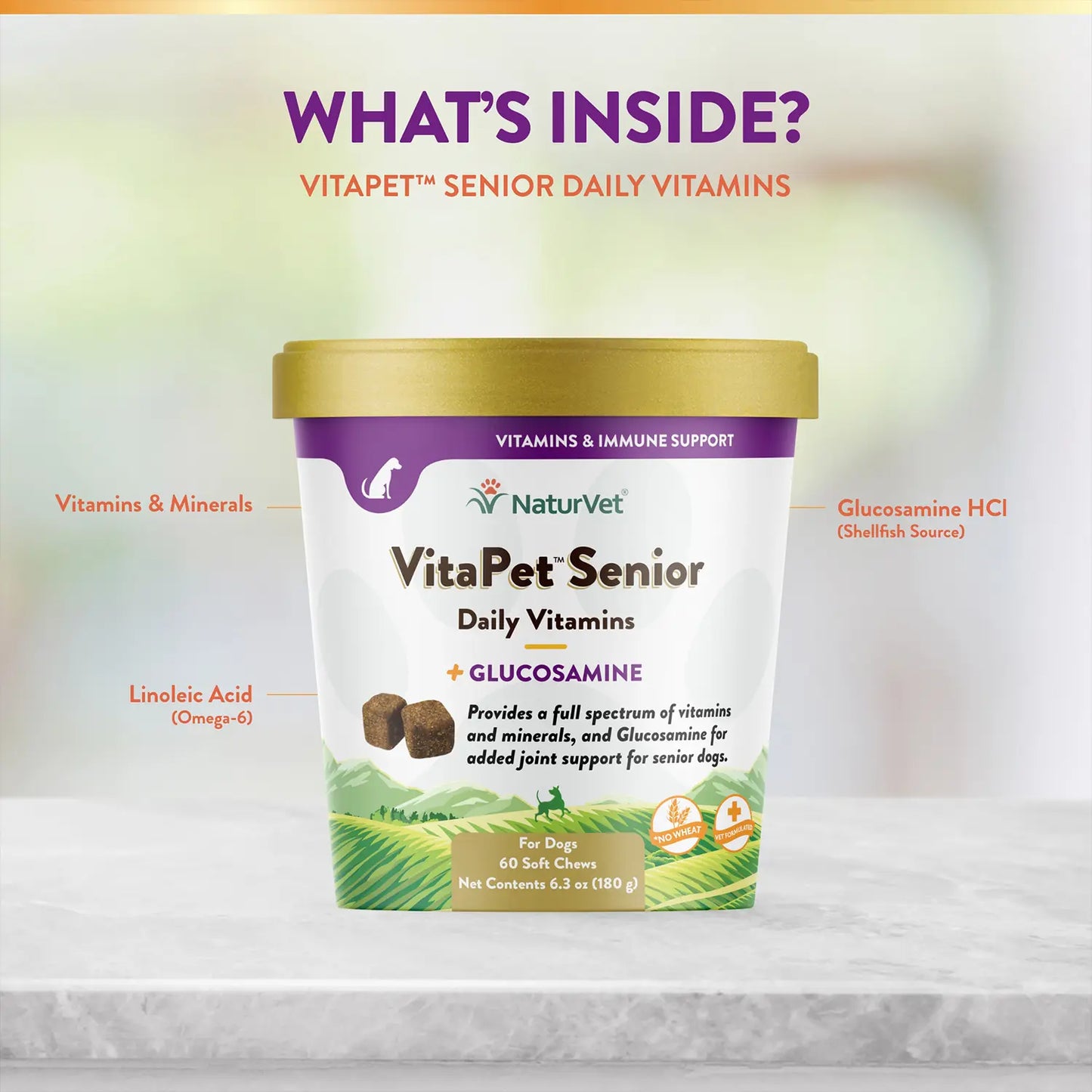 Ingredients info of NaturVet VitaPet Senior Daily Vitamins Plus Glucosamine Soft Chews for Dogs 60 Count 6.3-oz