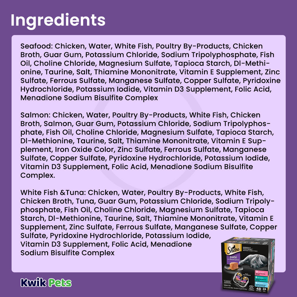 Ingredients info of Sheba Perfect Portions Pate Wet Cat Food Salmon, Seafood & Whitefish/Tuna 24 Twin Variety Pack 48 Count 3.96-lb