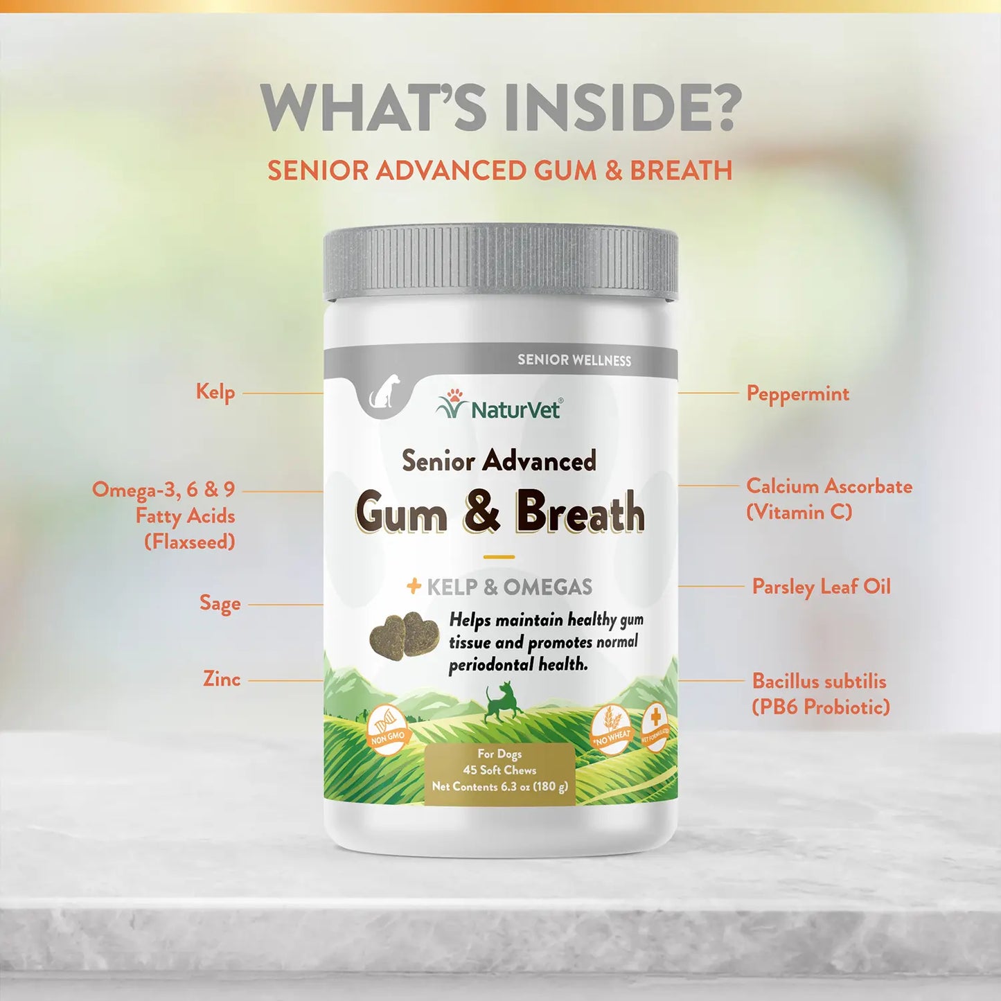 Ingredients info of NaturVet Senior Advanced Gum & Breath Dog Soft Chews 45 Count 6.3-oz