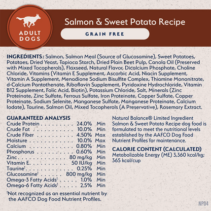 Ingredients,Guaranteed-Analysis & Calorie Content info of Natural Balance Pet Foods Limited Ingredient Adult Dry Dog Food Salmon & Sweet Potato 12-lb