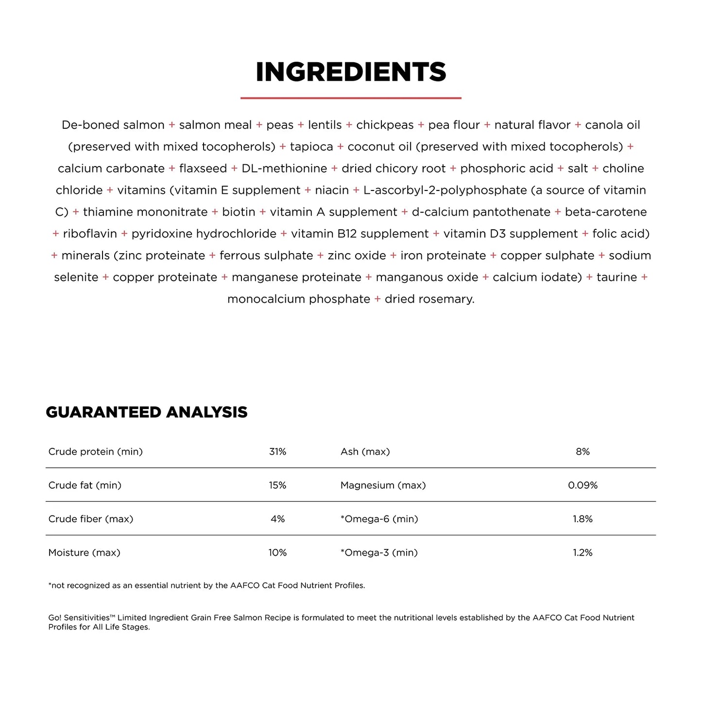 Ingredients & Guaranteed-Analysis of Petcurean Go! Solutions Sensitivities Limited Ingredient Grain-Free Dry Cat Food Salmon 3-lb