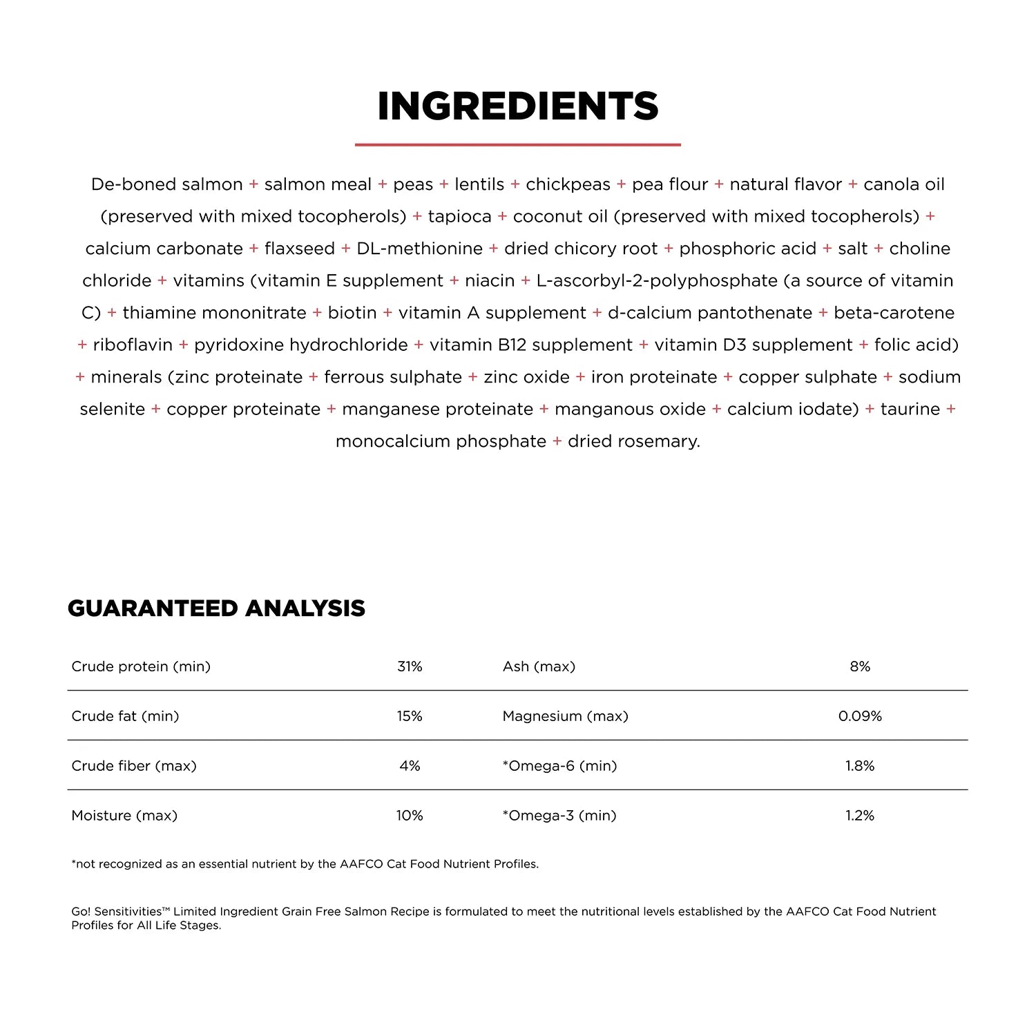 Ingredients & Guaranteed-Analysis of Petcurean Go! Solutions Sensitivities Limited Ingredient Grain-Free Dry Cat Food Salmon 3-lb