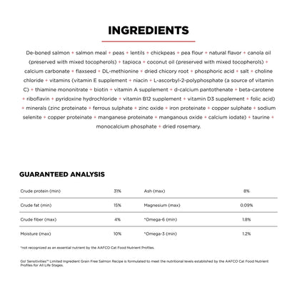Ingredients & Guaranteed-Analysis of Petcurean Go! Solutions Sensitivities Limited Ingredient Grain-Free Dry Cat Food Salmon 3-lb
