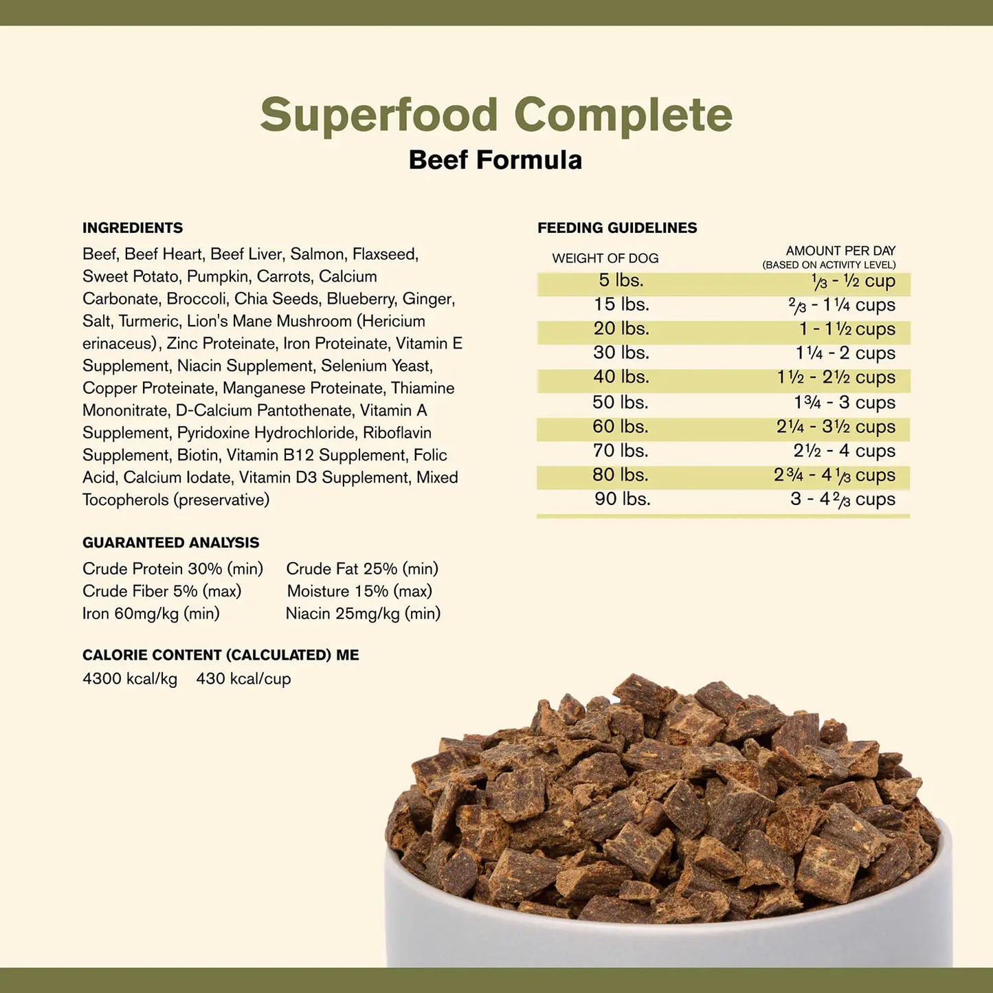 Ingredients,Guaranteed-Analysis & Calorie Content info of Badlands Ranch Superfood Complete Air-Dried Dog Food Beef 24-oz
