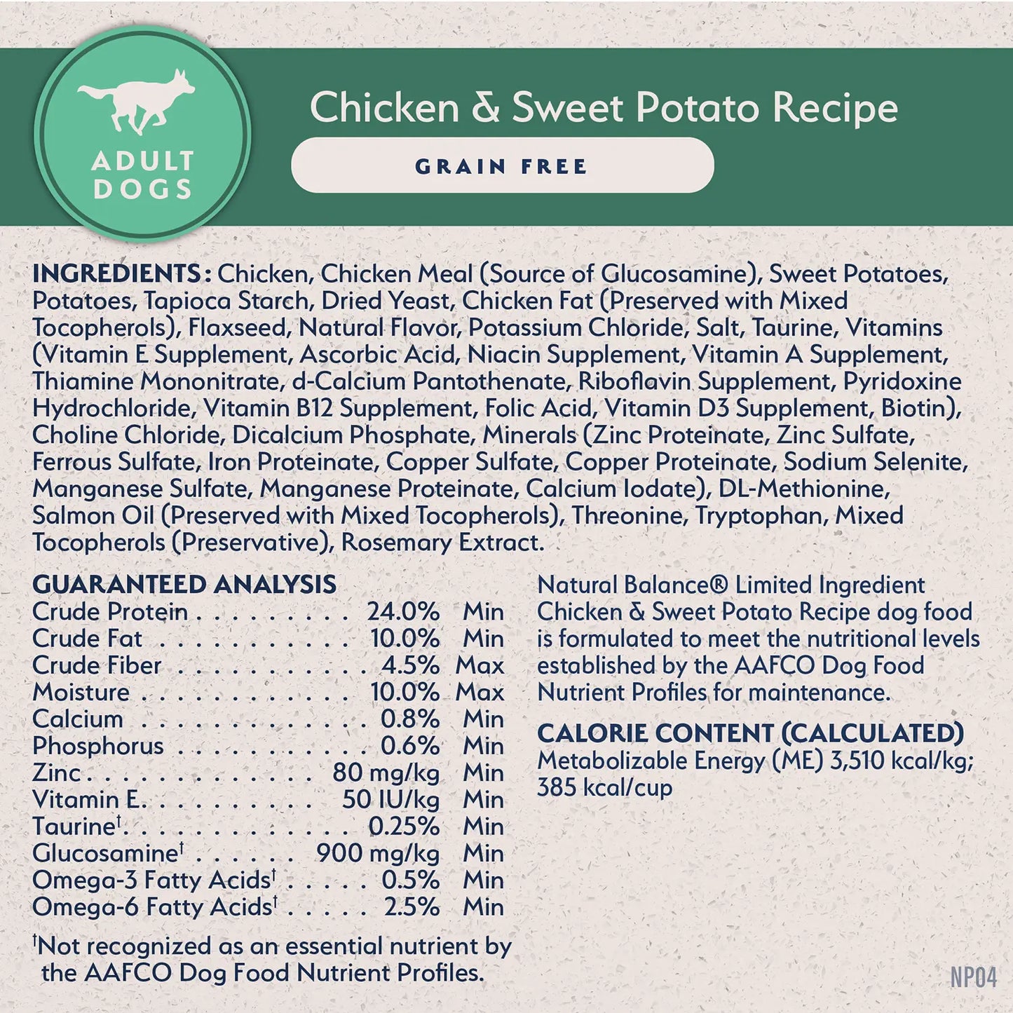 Ingredients,Guaranteed-Analysis & Calorie Content info of Natural Balance Limited Ingredient Grain-Free Adult Dry Dog Food Chicken & Sweet Potato Recipe 24-lb