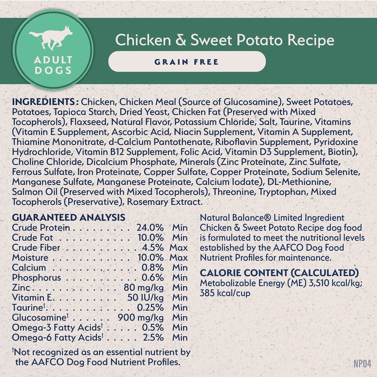 Ingredients,Guaranteed-Analysis & Calorie Content info of Natural Balance Limited Ingredient Grain-Free Adult Dry Dog Food Chicken & Sweet Potato Recipe 24-lb