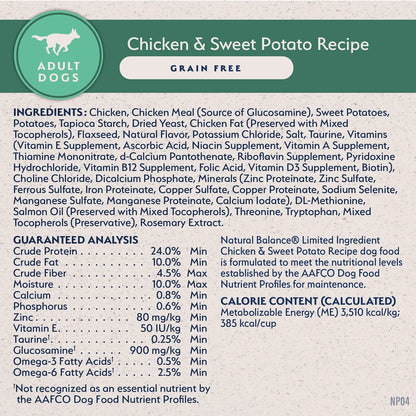 Ingredients,Guaranteed-Analysis & Calorie Content info of Natural Balance Limited Ingredient Grain-Free Adult Dry Dog Food Chicken & Sweet Potato Recipe 24-lb