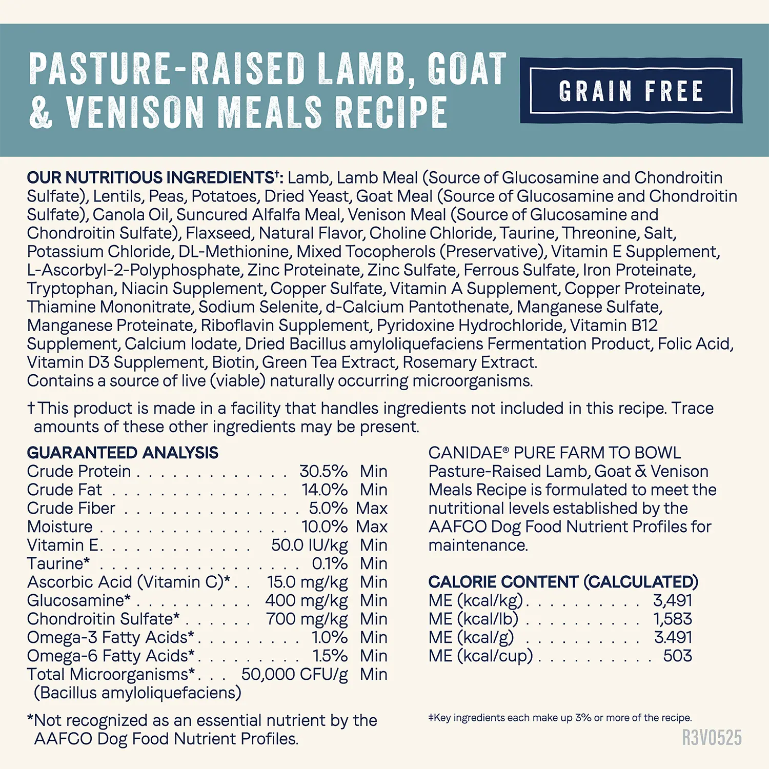 Nutritious Ingredients info,Guaranteed-Analysis  & Calorie Content info of Canidae Pure Goodness Grain-Free Limited Ingredient Adult Dry Dog Food Lamb, Goat & Venison Meals Recipe 4-lb
