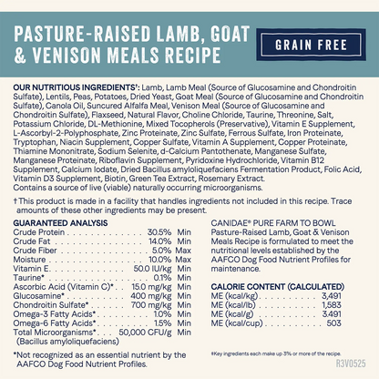 Nutritious Ingredients info,Guaranteed-Analysis  & Calorie Content info of Canidae Pure Goodness Grain-Free Limited Ingredient Adult Dry Dog Food Lamb, Goat & Venison Meals Recipe 4-lb