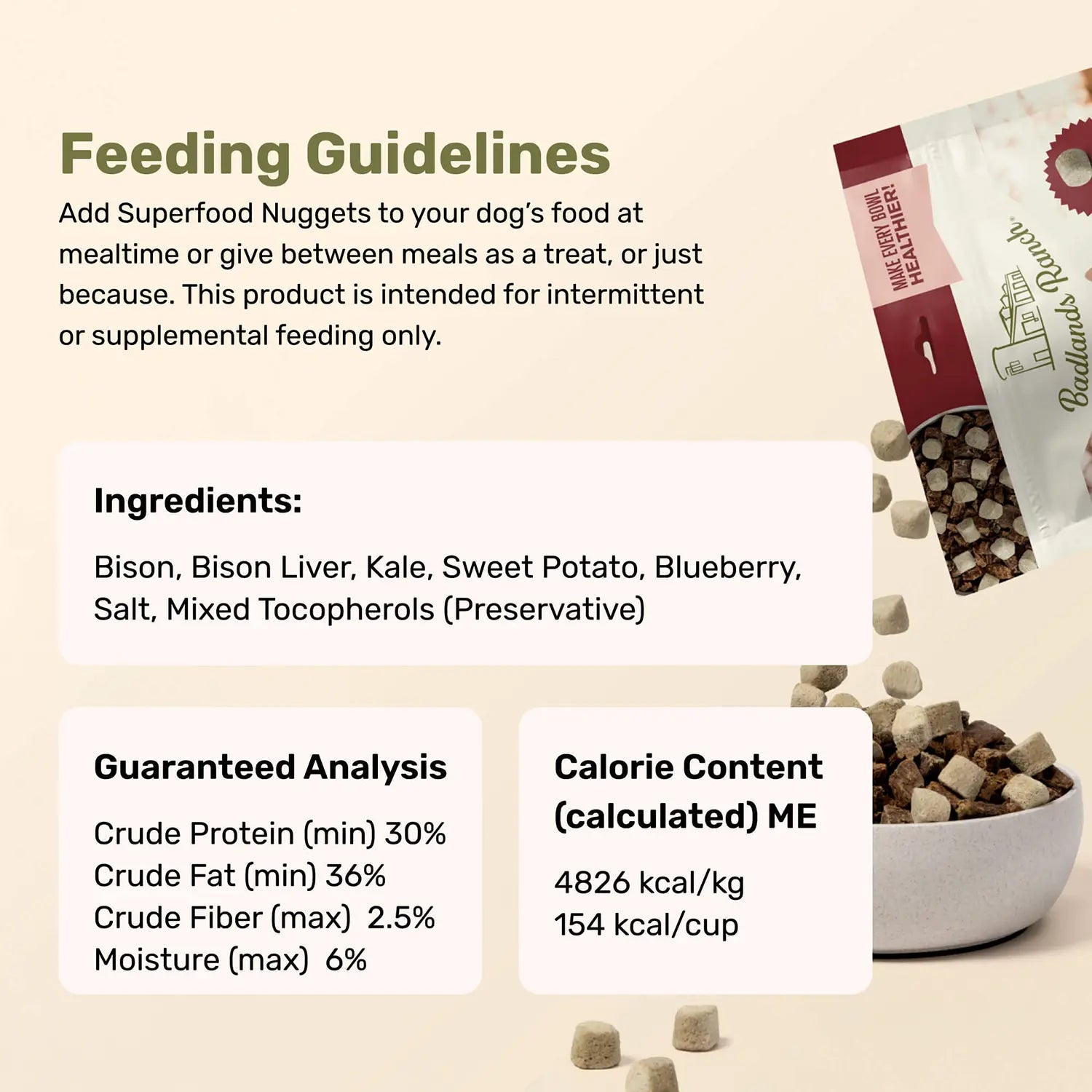 Ingredients info of Badlands Ranch Superfood Nuggets Freeze-Dried Raw Dog Treats Bison & Kale 8-oz