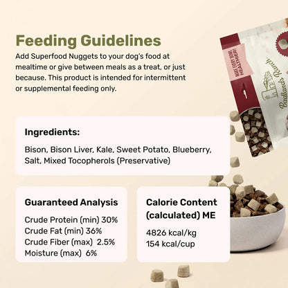 Ingredients info of Badlands Ranch Superfood Nuggets Freeze-Dried Raw Dog Treats Bison & Kale 8-oz