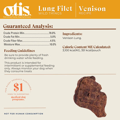 Ingredients,Guaranteed-Analysis & Calorie Content info of O.T.I.S. Wild Things Dog Treat Filets Venison Lung 4-oz