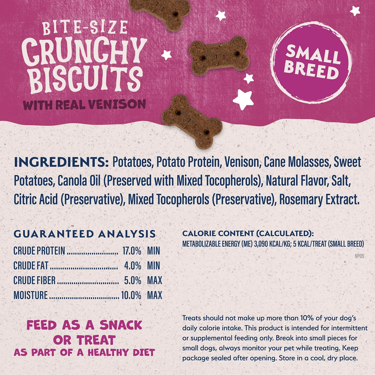 Ingredients,Guaranteed-Analysis & Calorie Content info of Natural Balance Pet Foods Rewards Bite-Size Crunchy Biscuits Small Breed Dog Treats Venison 8-oz