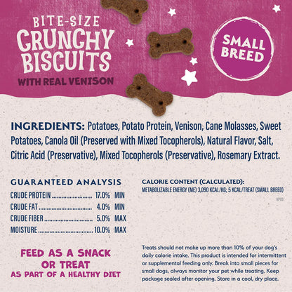 Ingredients,Guaranteed-Analysis & Calorie Content info of Natural Balance Pet Foods Rewards Bite-Size Crunchy Biscuits Small Breed Dog Treats Venison 8-oz