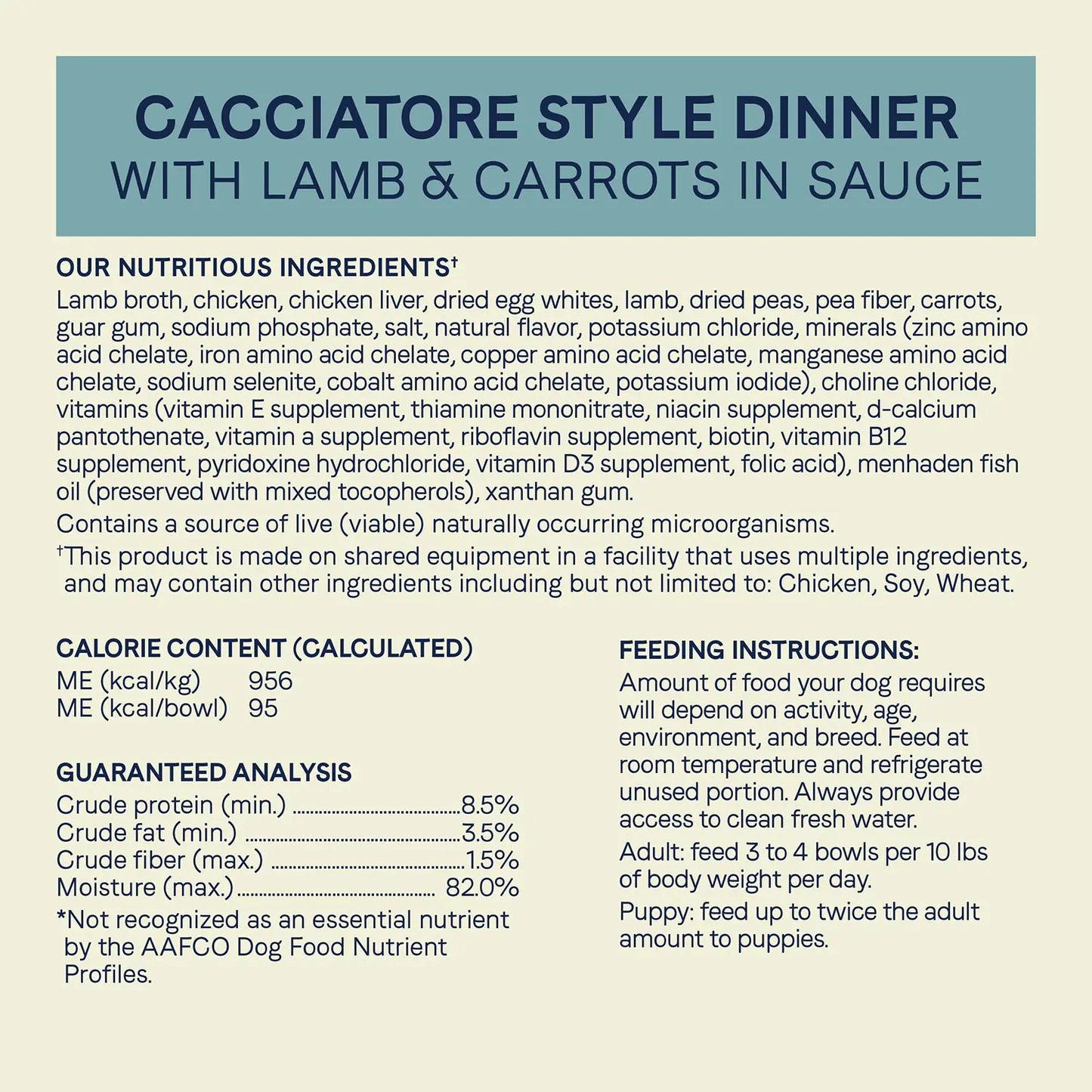 Ingredients info ,Guaranteed-Analysis & Calorie Content info of  CANIDAE PURE Petite Goodness for Small Breed Grain-Free Morsels Canned Dog Food Lamb & Carrots 3.5-oz
