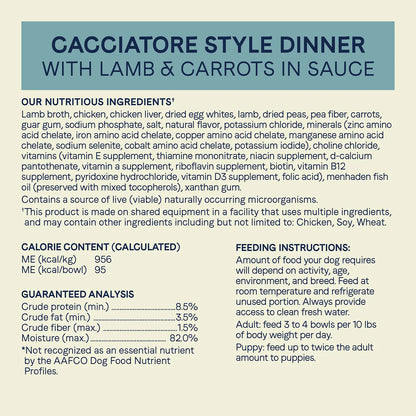 Ingredients info ,Guaranteed-Analysis & Calorie Content info of  CANIDAE PURE Petite Goodness for Small Breed Grain-Free Morsels Canned Dog Food Lamb & Carrots 3.5-oz