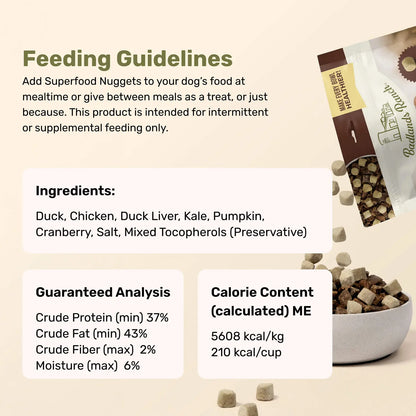 Ingredients,Guaranteed-Analysis & Calorie Content info of  Badlands Ranch Superfood Nuggets Freeze-Dried Raw Dog Treats Duck & Kale 8-oz