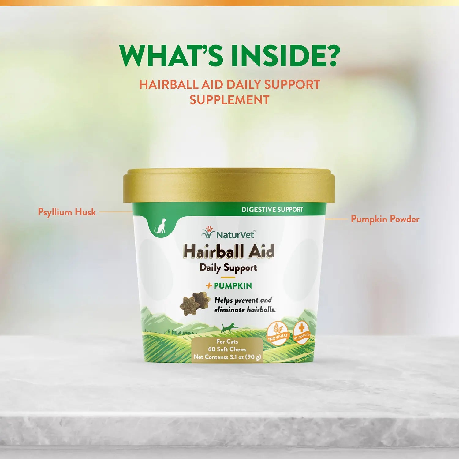 Ingredients info of NaturVet Hairball Aid Plus Pumpkin Soft Chews for Cats 60 Count 3.1-oz