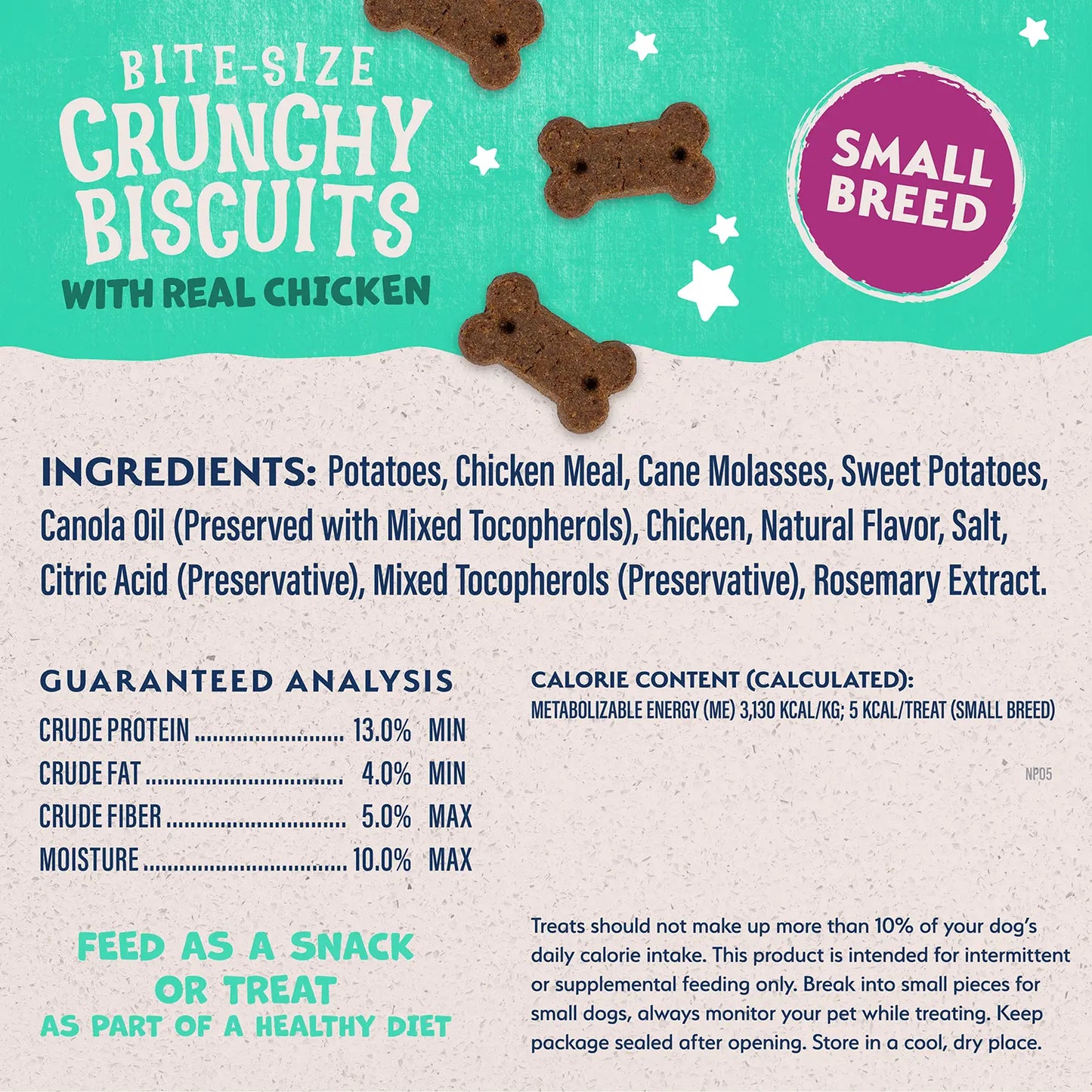Ingredients,Guaranteed-Analysis & Calorie Content info of Natural Balance Pet Foods Rewards Bite-Size Crunchy Biscuits Small Breed Dog Treats Chicken 8-oz