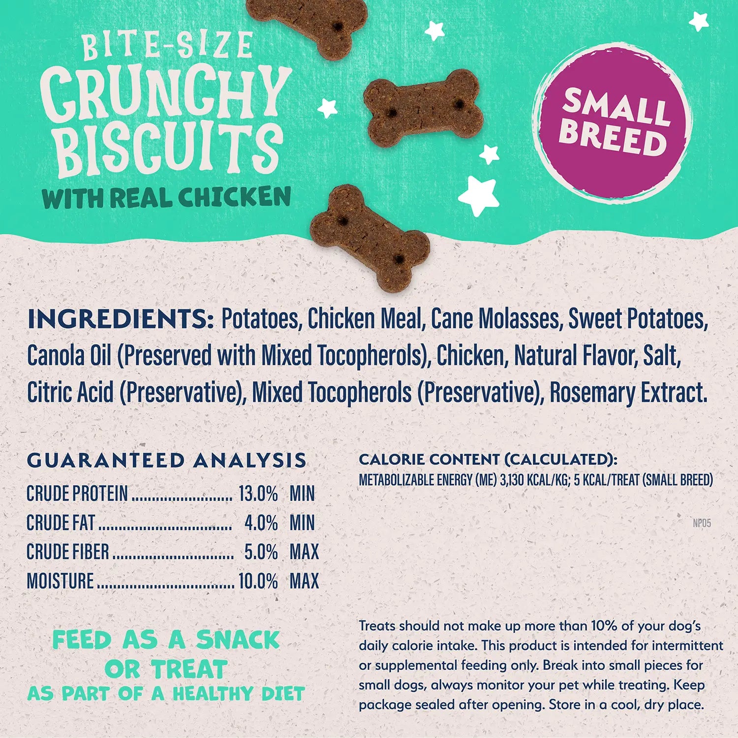 Ingredients,Guaranteed-Analysis & Calorie Content info of Natural Balance Pet Foods Rewards Bite-Size Crunchy Biscuits Small Breed Dog Treats Chicken 8-oz