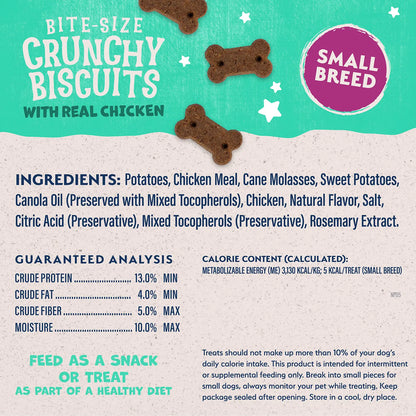 Ingredients,Guaranteed-Analysis & Calorie Content info of Natural Balance Pet Foods Rewards Bite-Size Crunchy Biscuits Small Breed Dog Treats Chicken 8-oz