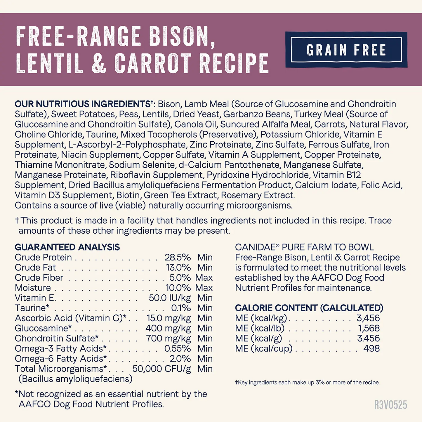 Nutritious info & Guaranteed-Analysis of Canidae Pure Goodness Grain-Free Limited Ingredient Adult Dry Dog Food Real Bison, Lentil & Carrot Recipe 10-lb