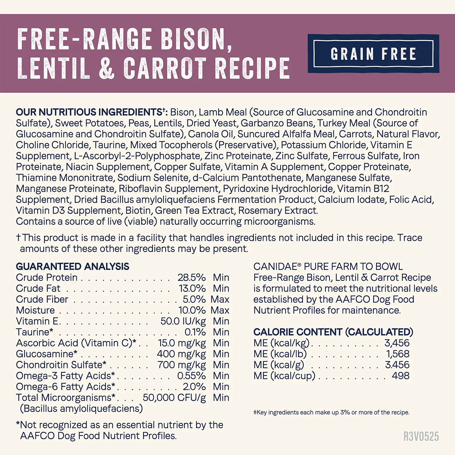 Nutritious info & Guaranteed-Analysis of Canidae Pure Goodness Grain-Free Limited Ingredient Adult Dry Dog Food Real Bison, Lentil & Carrot Recipe 10-lb