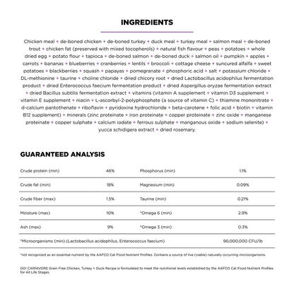 Ingredients & Guaranteed-Analysis of Petcurean Go! Solutions Carnivore Grain-Free Dry Cat Food Chicken Turkey & Duck Recipe 3-lb