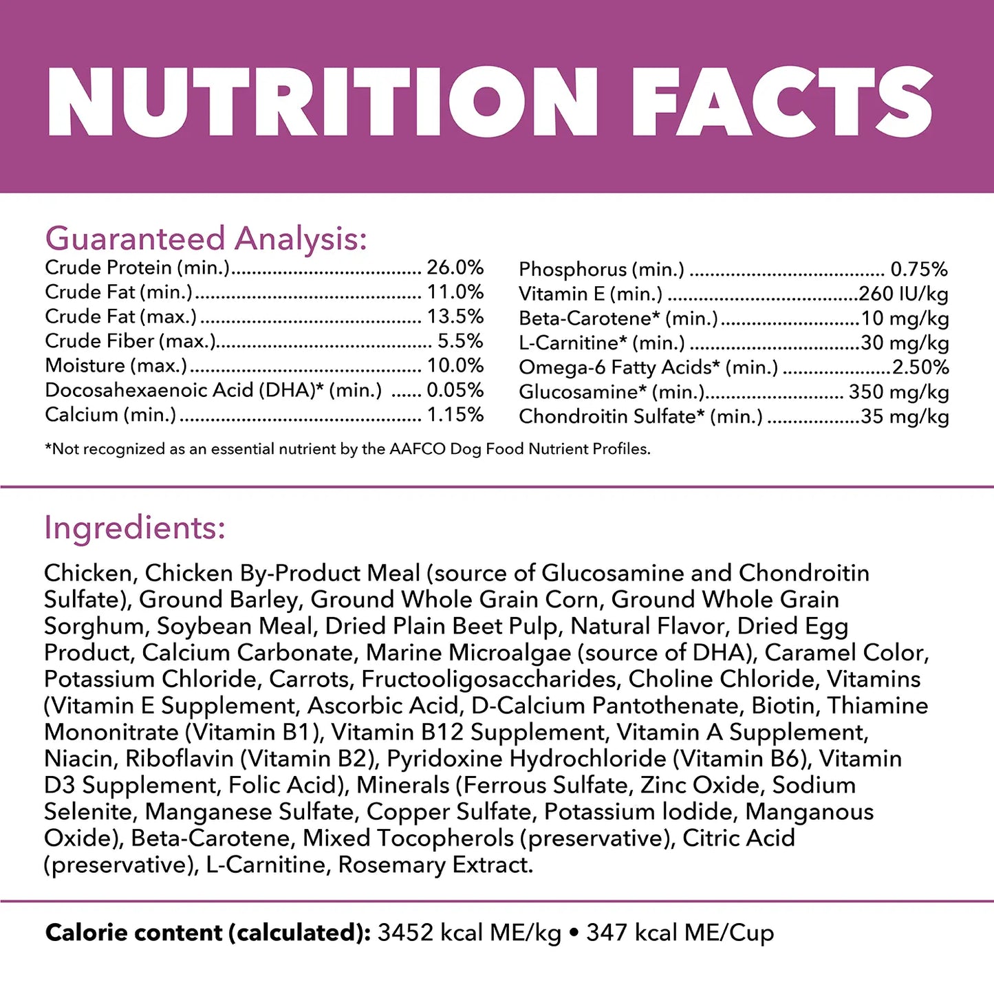 Nutritional info of IAMS Mature Adult Large Breed Senior Dry Dog Food Chicken 30-lb