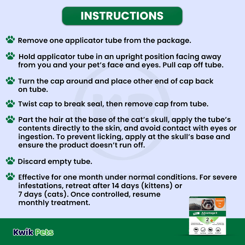 Usages Instructions of Elanco Advantage II 2-Month Supply Topical Flea Treatment & Prevention for Ferrets One Size