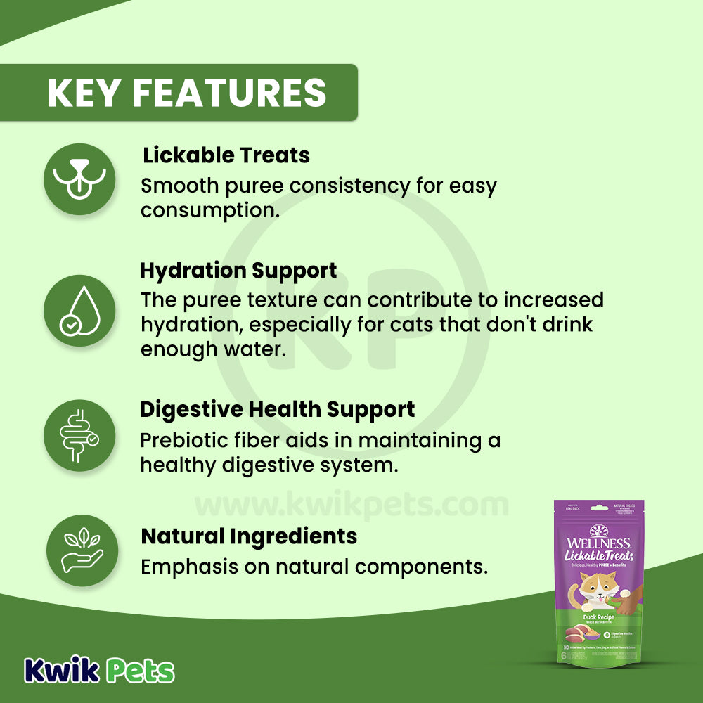 Features of Wellness Puree Natural Grain-Free Lickable Cat Treats Duck 6 Count 2.53-oz
