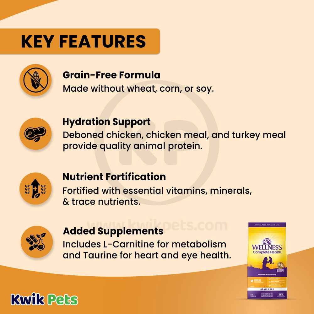 Features of Wellness Complete Health Grain-Free Indoor Adult Dry Cat Food Deboned Chicken & Chicken Meal Recipe 5.5-lb