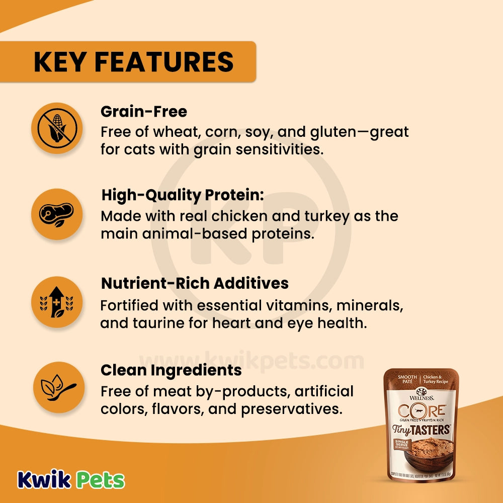 Features of Wellness CORE Tiny Tasters Grain-Free Pate Wet Cat Food Chicken & Turkey 1.75-oz