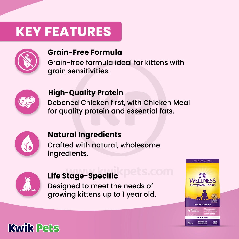 Features of Wellness Complete Health Grain-Free Kitten Dry Cat Food Deboned Chicken & Chicken Meal Recipe 5.5-lb