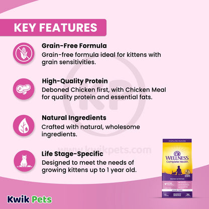 Features of Wellness Complete Health Grain-Free Kitten Dry Cat Food Deboned Chicken & Chicken Meal Recipe 5.5-lb