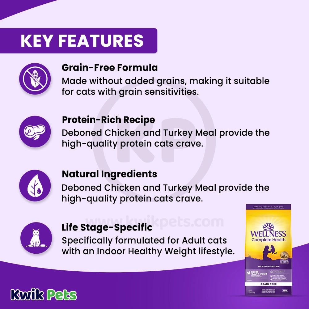 Features of Wellness Complete Health Grain-Free Indoor Healthy Weight Adult Dry Cat Food Deboned Chicken & Turkey Meal Recipe 5.5-lb