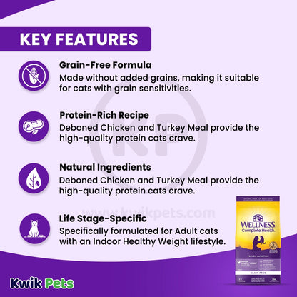 Features of Wellness Complete Health Grain-Free Indoor Healthy Weight Adult Dry Cat Food Deboned Chicken & Turkey Meal Recipe 5.5-lb
