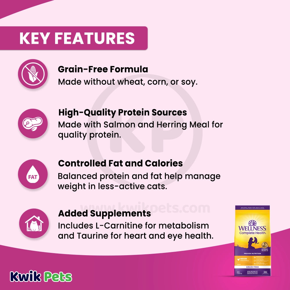 Features of Wellness Complete Health Grain-Free Indoor Adult Dry Cat Food Salmon & Herring Meal Recipe 5.5-lb