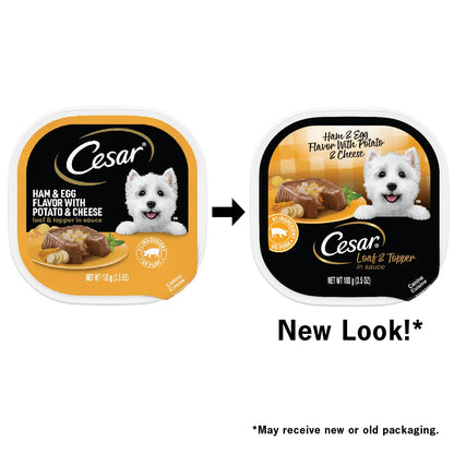 New Look of Cesar Loaf & Topper in Sauce Adult Wet Dog Food Ham & Egg w/Potato & Cheese 3.5-oz