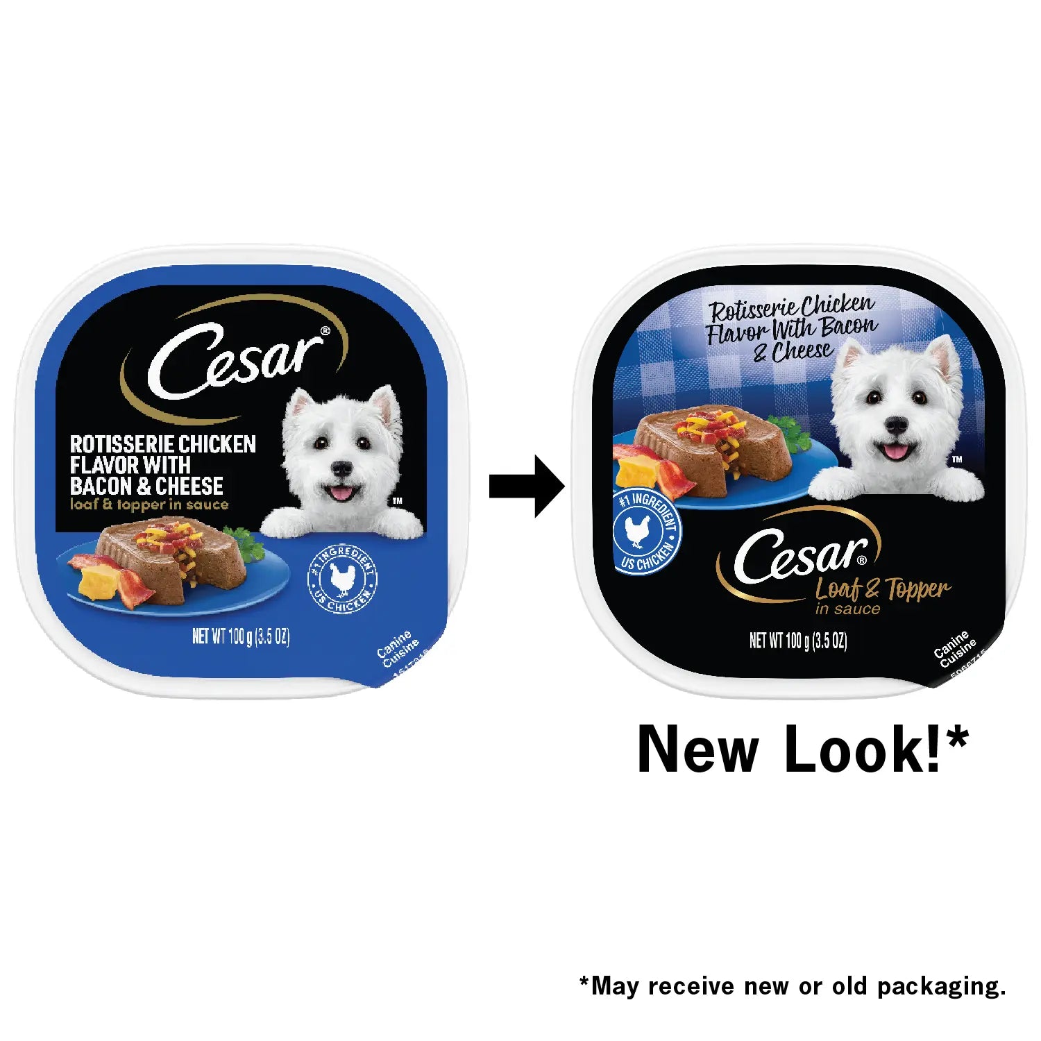 New Look of Cesar Loaf & Topper in Sauce Adult Wet Dog Food Rotisserie Chicken w/Bacon & Cheese 3.5-oz
