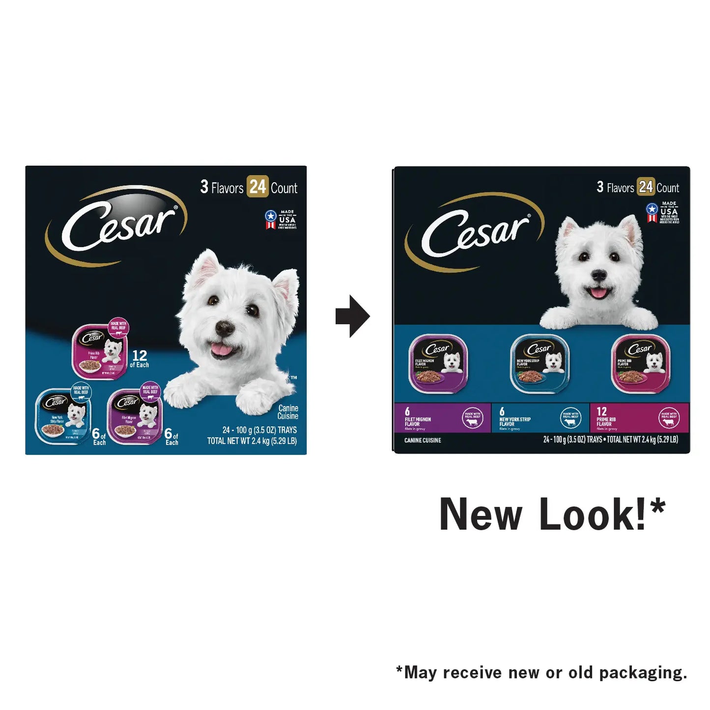 New Look of Cesar Filets in Gravy Adult Wet Dog Food Variety Pack Prime Rib, Filet Mignon, New York Strip 24 Count 3.5-oz