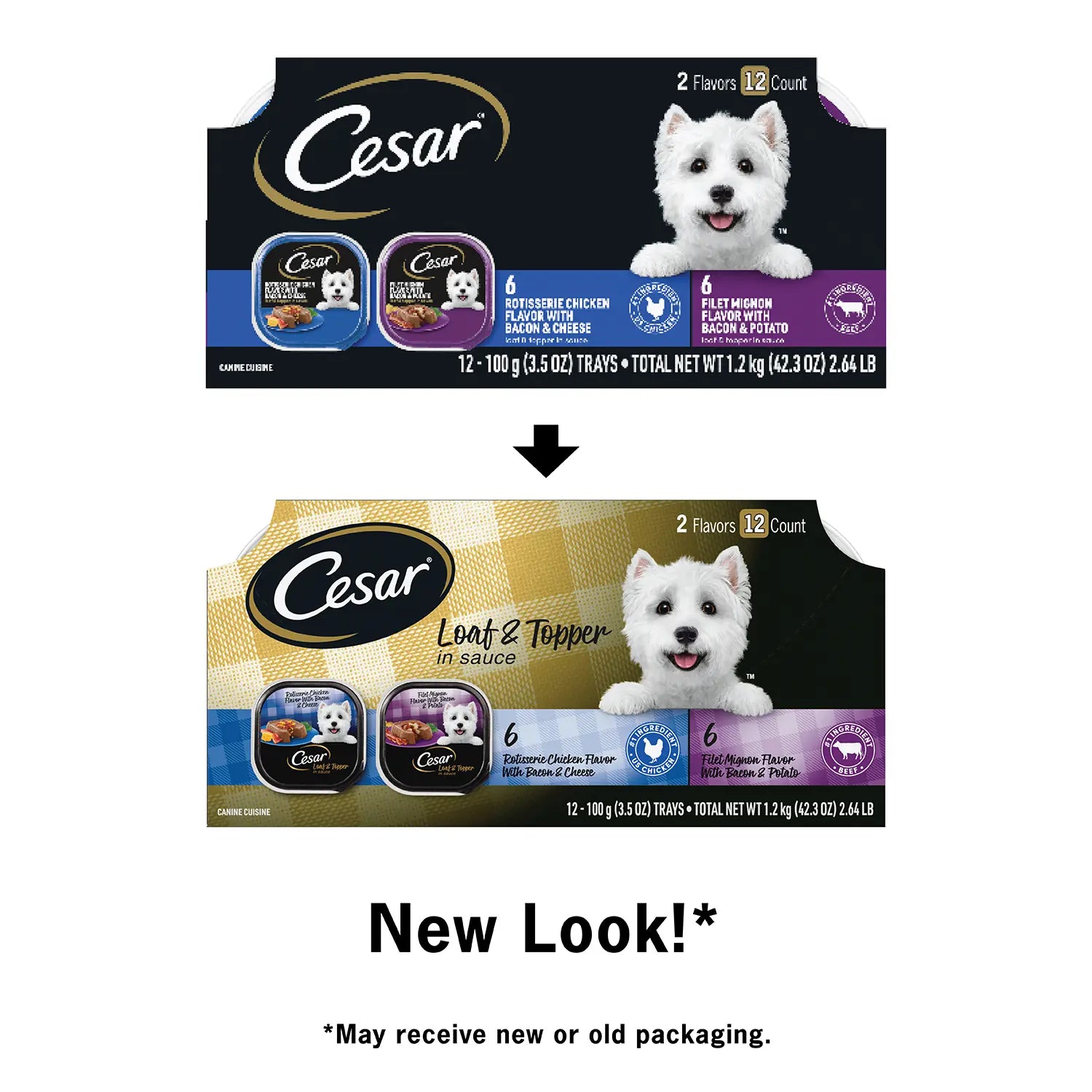 New Look of Cesar Loaf & Topper in Sauce Adult Wet Dog Food Variety Pack Rotisserie Chicken, Filet Mignon 12 Count 3.5-oz